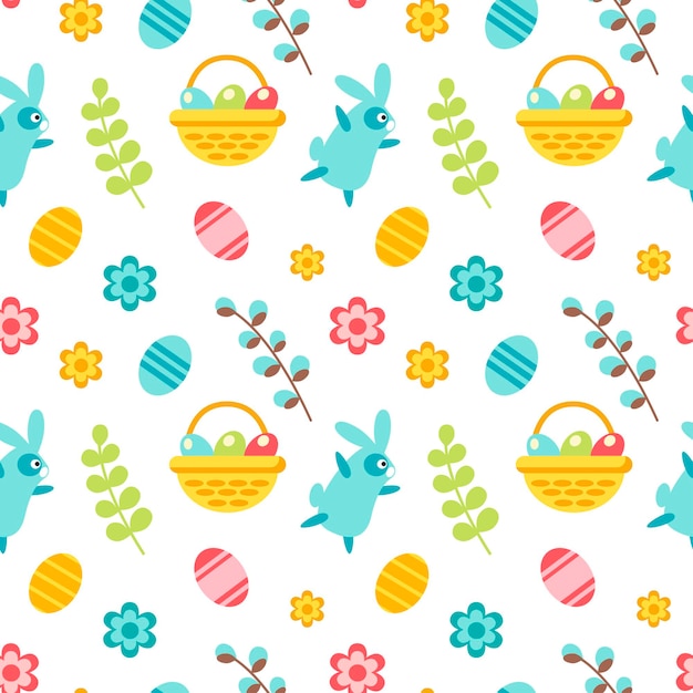 Happy easter seamless pattern with bunny, leaves, basket, egg,  flower, willow isolated on white background. vector flat illustration. design for textile, wrapping, wallpaper, backdrop