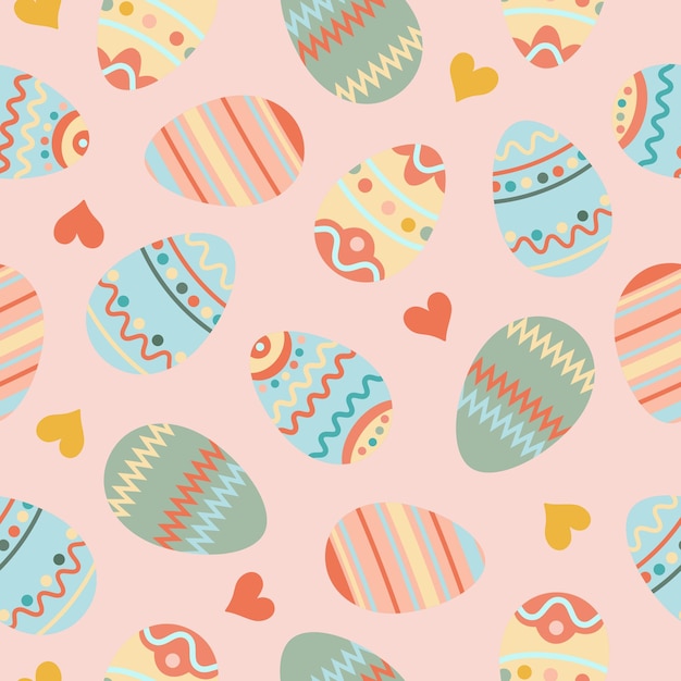 Happy easter Seamless pattern with easter eggs hearts on pink background