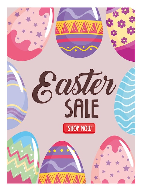 Happy easter season sale poster with lettering and eggs painted  illustration