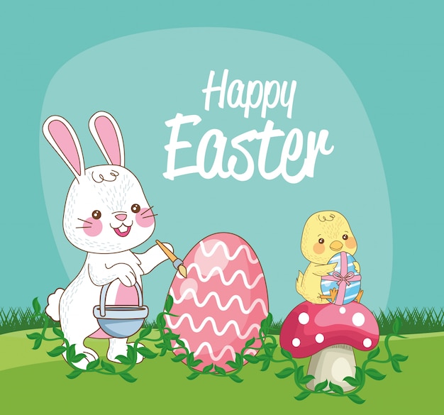 Happy easter seasonal card with chick and rabbit painting egg