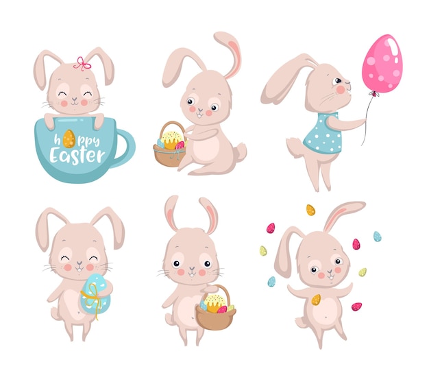 Happy easter set of cute bunnies elements for greeting invitation card vector illustration eps10