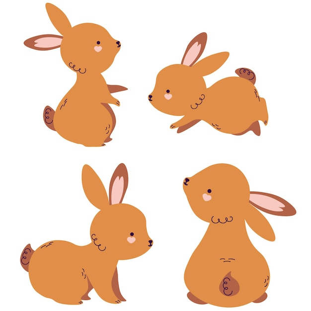 Happy Easter set. Cute rabbit characters in boho style. Vector illustration.