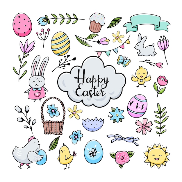 Happy easter set of doodle elements vector hand drawn easter collection isolated on white background images