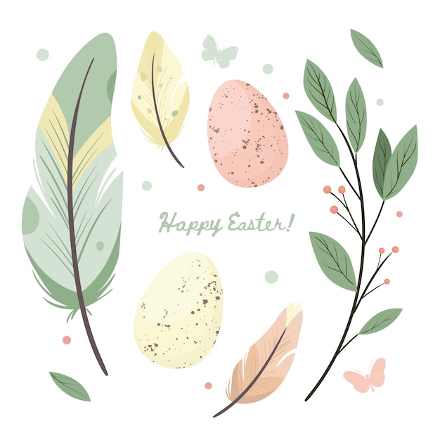 Vector happy easter. set of easter eggs with different spot texture and wild flower on a white background. spring holiday.illustration