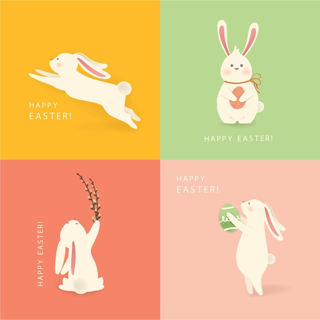 Happy Easter. A set of four white, funny cartoon rabbit silhouettes character with Paschal egg.