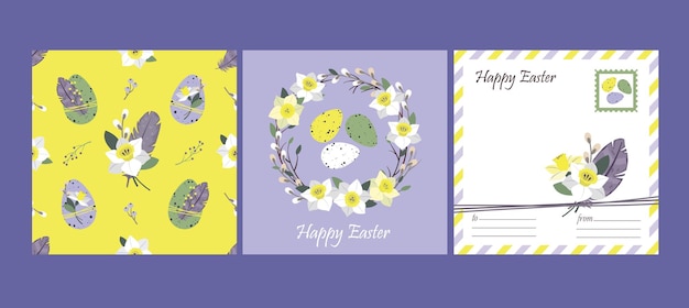 HAPPY EASTER Set: greeting card and seamless pattern. Easter eggs, feathers, daffodil wreath.