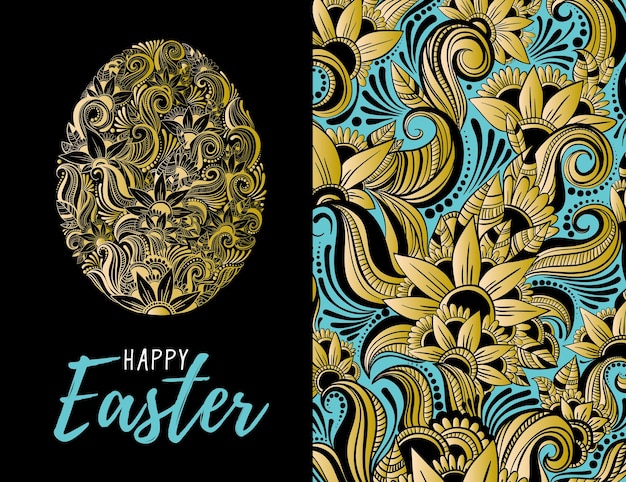 Vector happy easter set of greeting card with egg lettering hand drawing golden floral ornament vector eps10