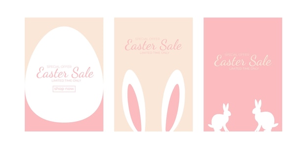 Happy easter set of sale banners greeting cards posters holiday covers minimalistic background with egg and rabbit modern art minimalist style