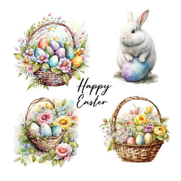 행복 한 부활절 세트 인사말 카드 포스터 또는 배경에 대 한 꽃 병아리 토끼 인사말 텍스트의 바구니에 부활절 달걀의 벡터 귀여운 고전적인 삽화