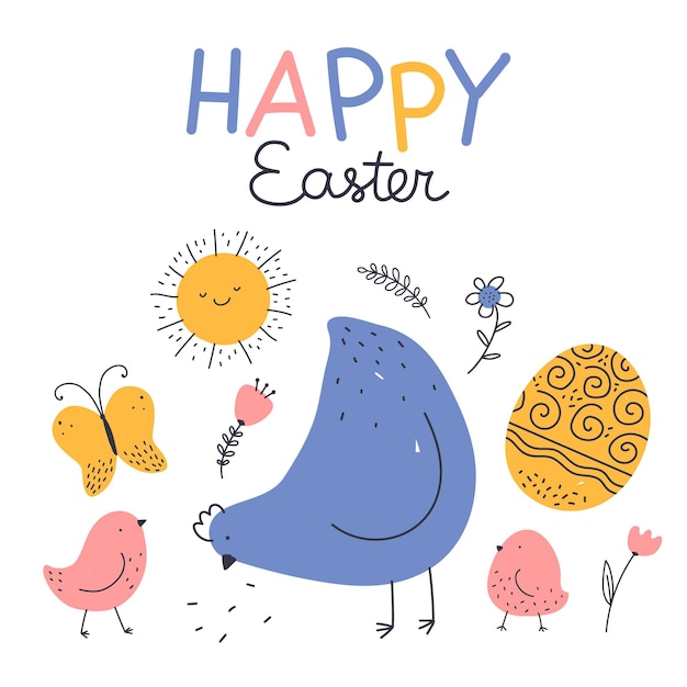 Vector happy easter square card cute rural nature with birds and eggs isolated on white background