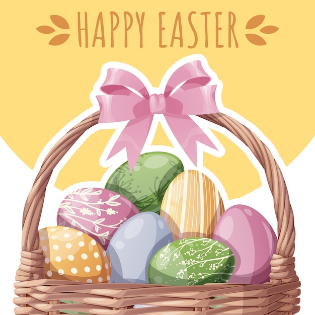 Happy easter square card with basket of colorful eggs happy easter design perfect for greetings