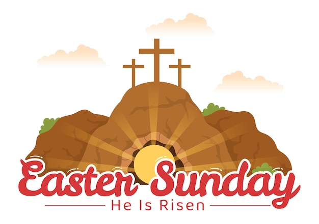 Happy easter sunday day illustratie met jezus en hij is opgestaan in handgetekende sjablonen