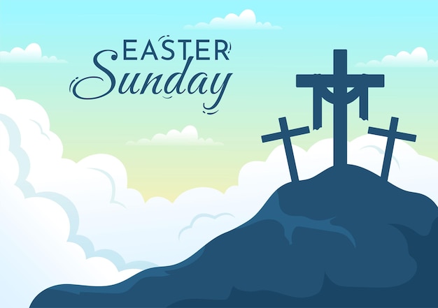 Вектор Счастливого пасхального воскресенья, иллюстрация с иисусом, и он воскрес в рисованных вручную шаблонах