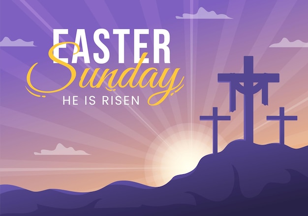 Vector happy easter sunday day illustration with jesus and he is risen in hand drawn templates