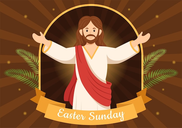 예수와 함께하는 행복한 부활절 일요일 삽화와 그는 손으로 그린 템플릿으로 부활했습니다