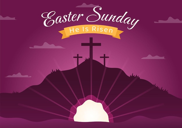 Vector happy easter sunday day illustration with jesus and he is risen in hand drawn templates