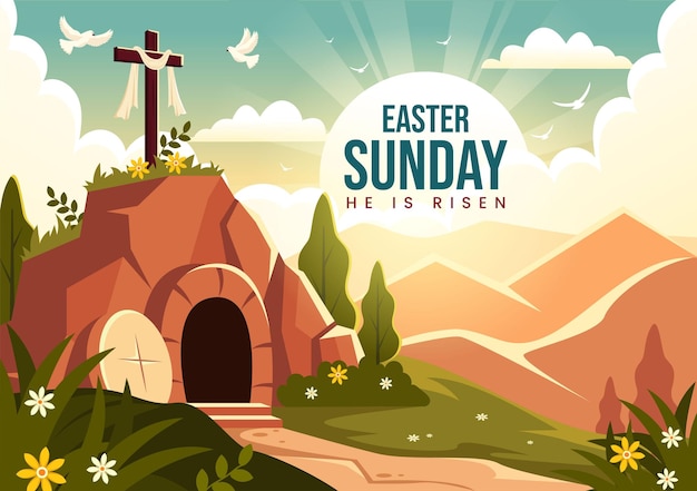 Vector happy easter sunday illustration of he is risen and celebration of resurrection with cave and cross