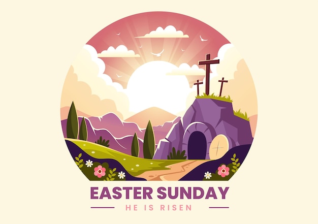 Felice domenica di pasqua illustrazione di egli è risorto e celebrazione della risurrezione con grotta e croce
