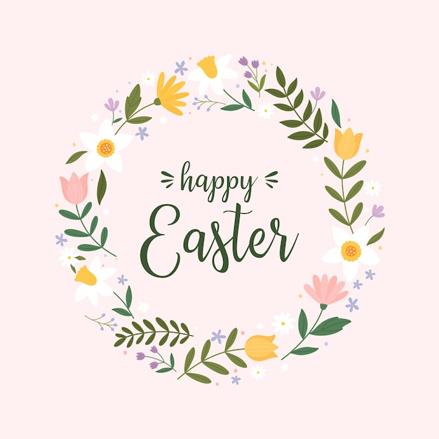 Happy easter template for postcard or invitation a wreath of spring flowers and an inscription