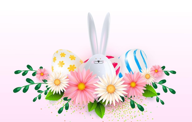 Happy Easter template with beautiful camomiles and eggs.