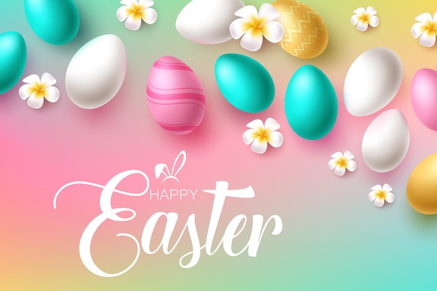 Happy easter text greeting vector design Easter eggs hunt greeting card with color pastel egg