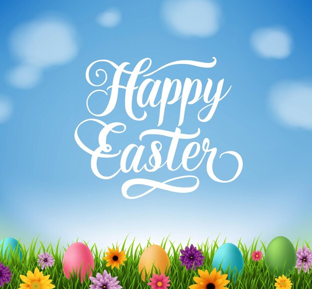 Vector happy easter text and nature background