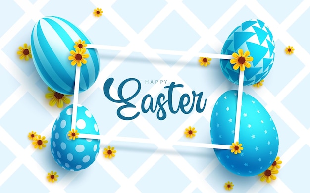 Happy easter text vector design. Easter holiday season with color blue eggs elements in pattern.