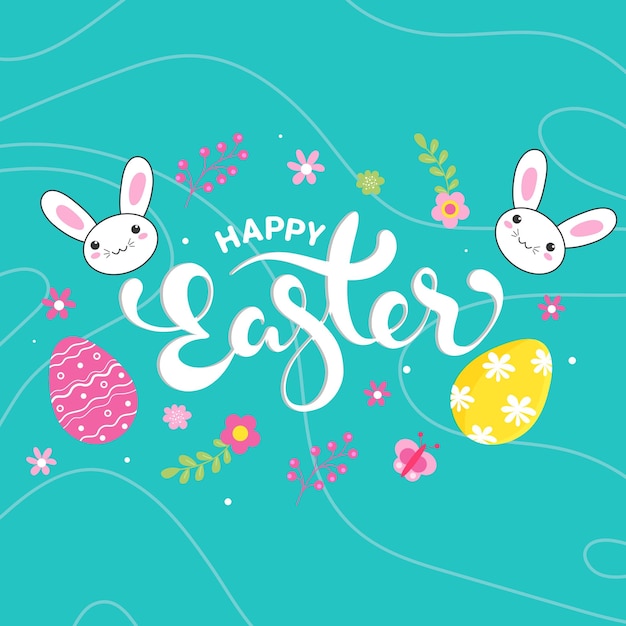 Happy Easter Text with Cartoon Bunnies Face Butterflies Painted Eggs and Flower Decorate on Cyan Fluid Background