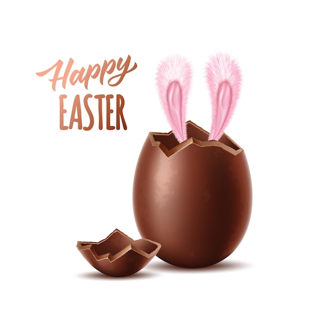 Happy easter text with rabbit ears sticking out realistic chocolate egg exploded eggshell ears