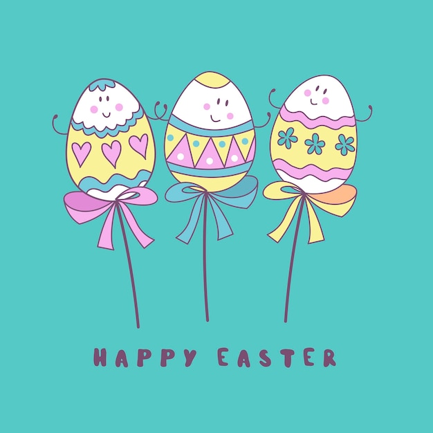행복 한 부활절 막대기에 3 개의 쾌활 한 염색된 부활절 달걀 만화 스타일 인사말 카드에 귀여운 벡터 휴가 그림
