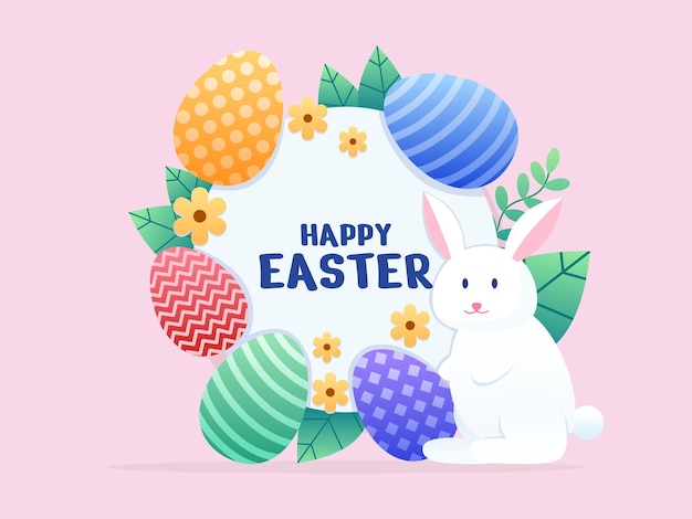 Happy Easter trendy design with colorful Easter egg rabbit and floral element Trendy Easter design