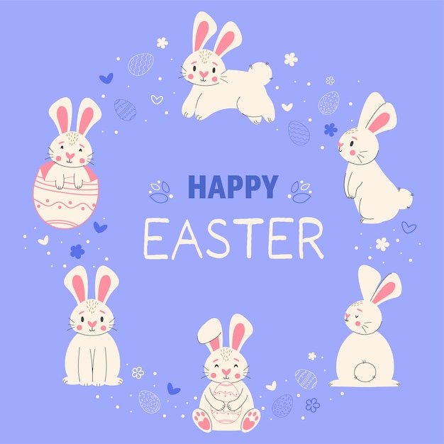 Vector happy easter trendy greeting card with bunnies minimalist holiday characters cute stylized rabbits