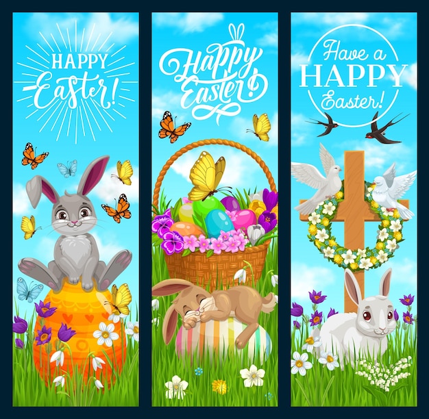 Vector happy easter vector banners with cartoon bunnies