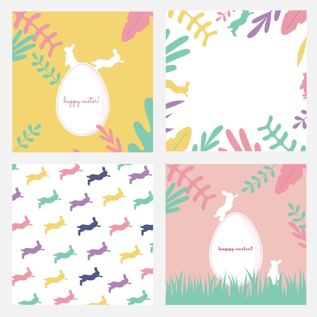 Happy Easter vector card. Hand-drawn design of spring flowers and rabbits card. Square card with egg