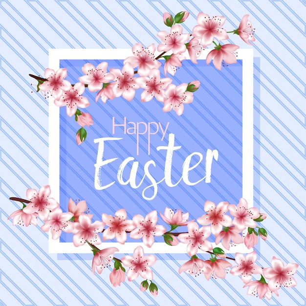 Happy Easter vector card Japanese cherry blossom pink sakura flowers frame