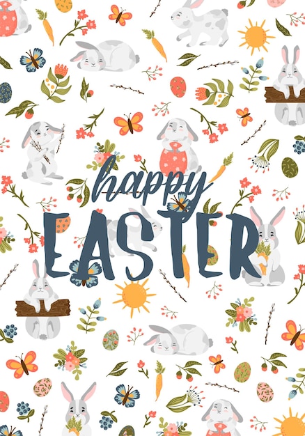 Вектор Счастливой пасхи векторная открытка с яйцом весенние цветы кролик весенний шаблон для открыток листовки баннеры