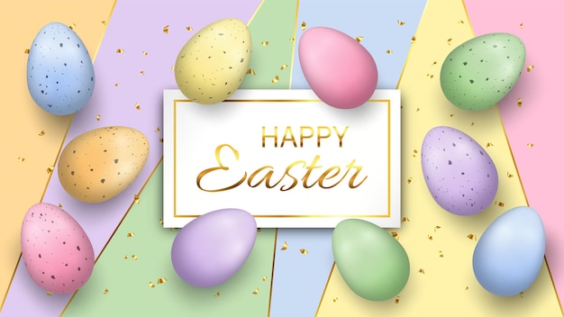 Vector happy easter vector greeting card with speckled colorful eggs golden text and confetti easter banner