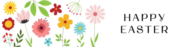 Happy easter Vector horizontal banner with flowers and the inscription Happy Easter Vector EPS 10