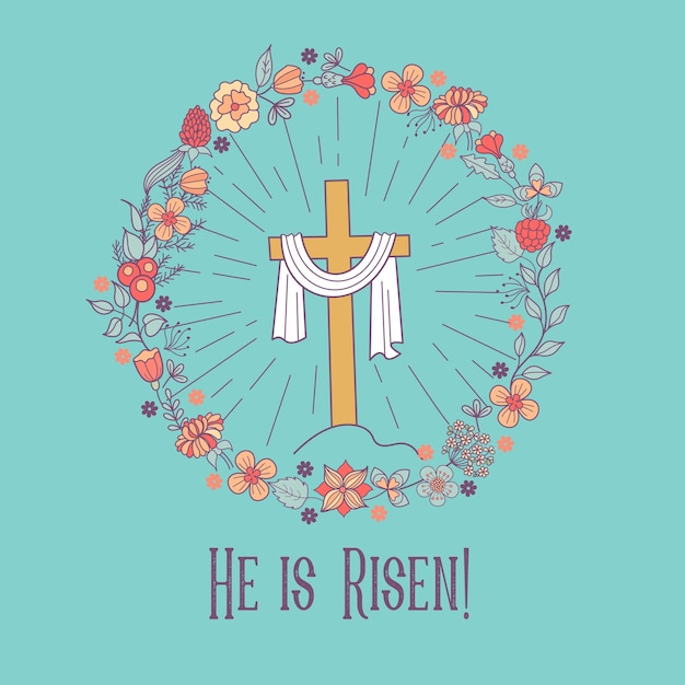 Happy easter vector illustration greeting card the cross with the shroud framed by a floral wreath