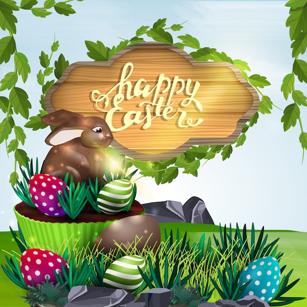 Happy Easter, vector illustration with wooden sign and Easter cake 