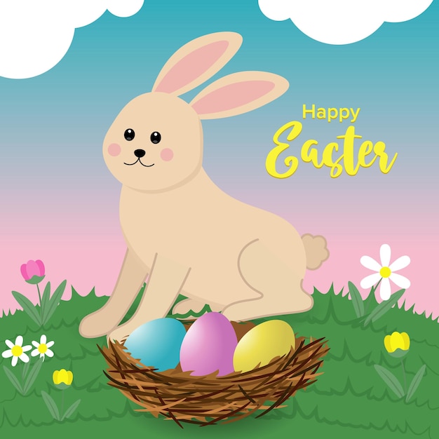 Happy easter vector image with holiday rabbit and eggs in a nest