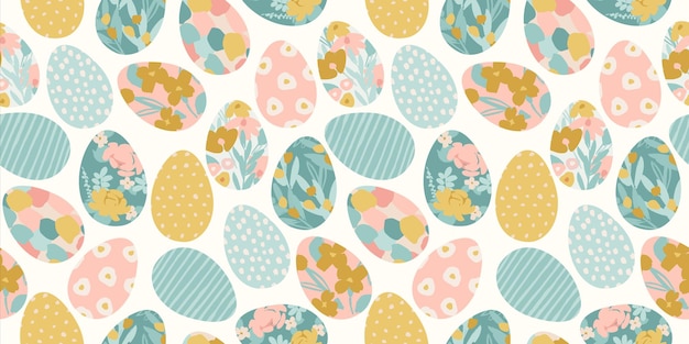 Vector happy easter vector seamless pattern easter eggs with abstract flowers