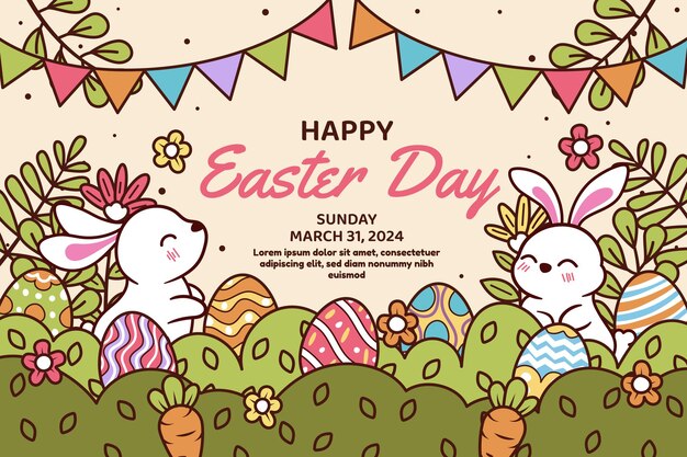 Vector happy easter vector template with colorful eggs bunny and flowers