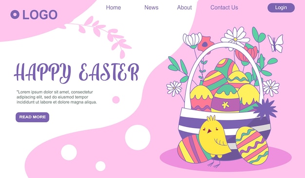 Happy easter vector website template web page and landing page design for website and mobile website development newborn chicken with easter eggs eps