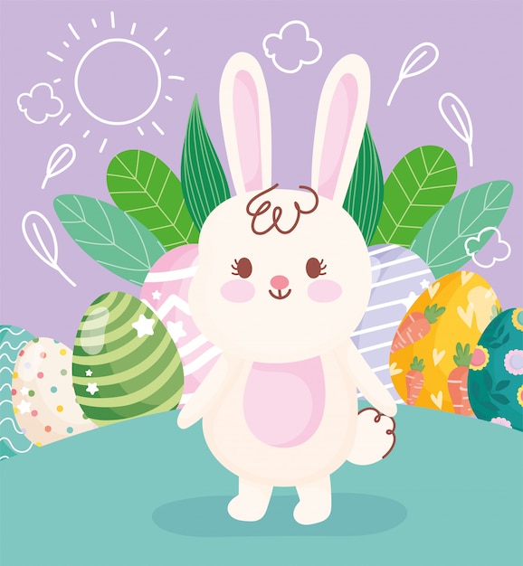 행복 한 부활절 흰색 귀여운 토끼 계란 장식 잔디에 나뭇잎