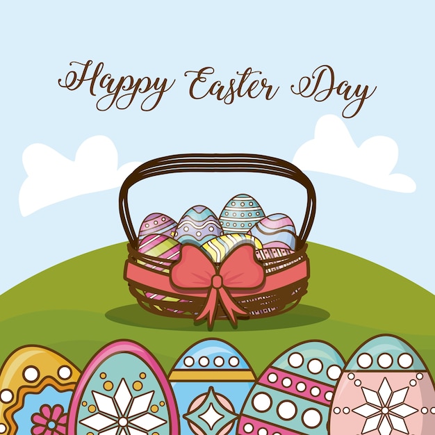 Happy easter with basket with easter eggs over landscape background