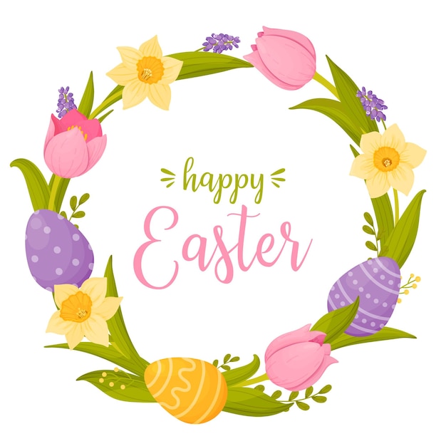 Happy easter with bright wreath of spring flowers