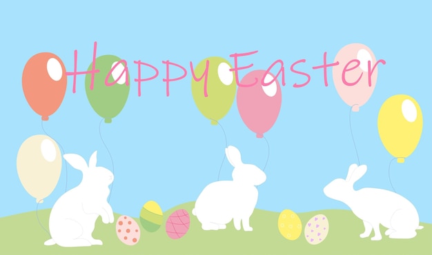 Vector happy easter with bunnies and easter eggs and balloons