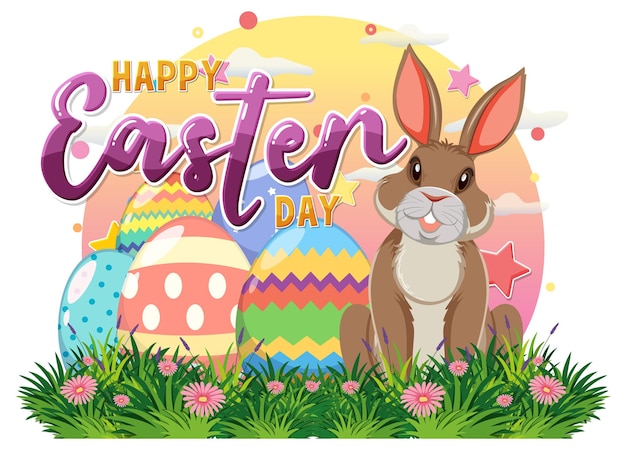 Happy Easter with Cute Bunny for Banner or Poster Design