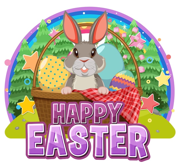 Happy Easter with Cute Bunny for Banner or Poster Design